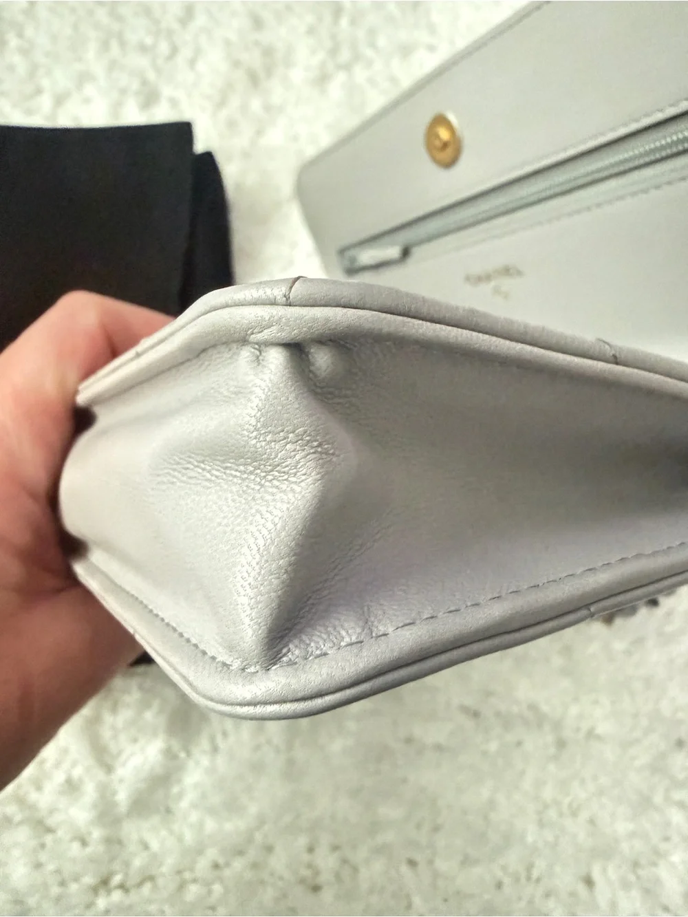 CHANEL Gray Quilted Leather Crossbody with Gold Chain